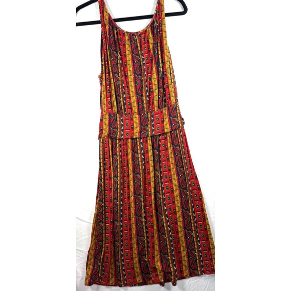 Lucky Brand Womens Tribal Geometric Stripe Midi Dress Red Yellow Navy Size Large - Picture 9 of 10